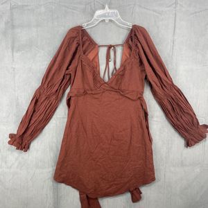 Saints + Secrets Dress Womens Large Brown Long Sleeve Mini 100% Linen V-Neck